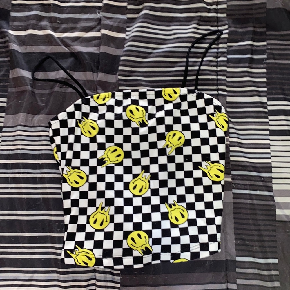 Black/white plaid crop too with spaghetti sleeves and drip smiley face pattern. - Picture 1 of 3
